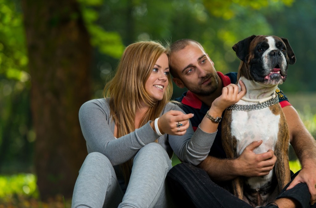 local vets - couple sitting, holding dog outdoors